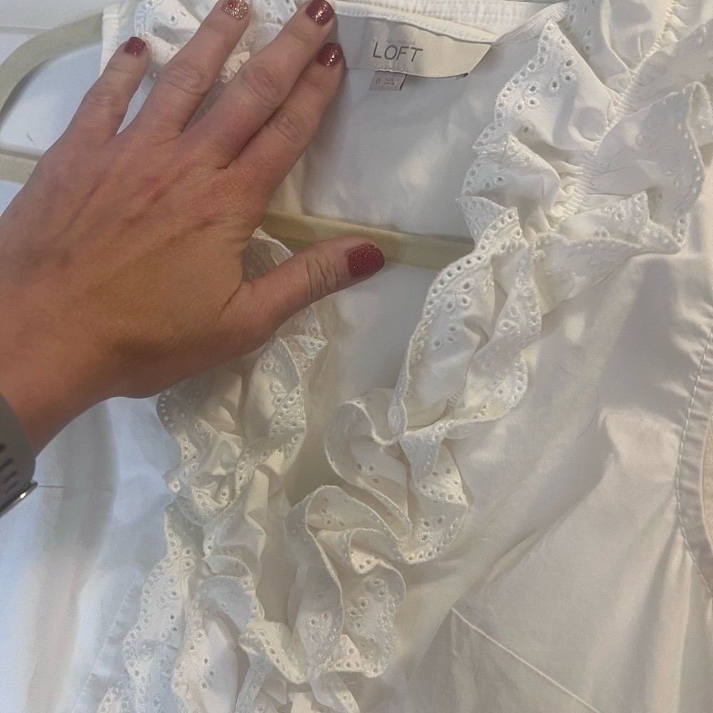 LOFT Elegant White and Tan Ruffle Mini Dress Ann Taylor - Picture 5 of 8